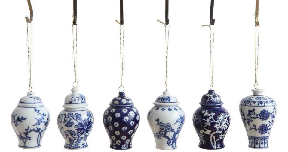 Set of six blue and white ginger jar ornamentsSet of six blue and white ginger jar ornaments